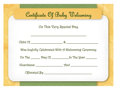 Yellow and Green Baby Welcoming Certificate 